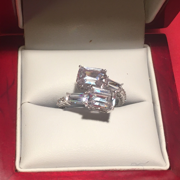 Ladies Fashion Ring with Emerald Cut Simulated Diamonds - Picture 1 of 2